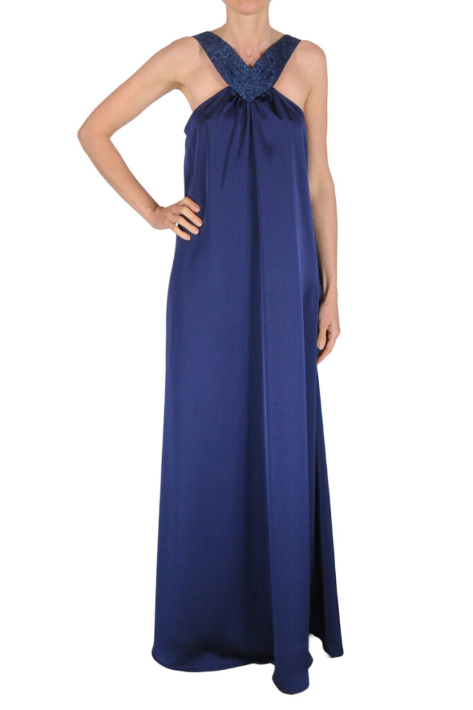 ABITO SCOLLO V BRETELLINE PIZZO NAVY