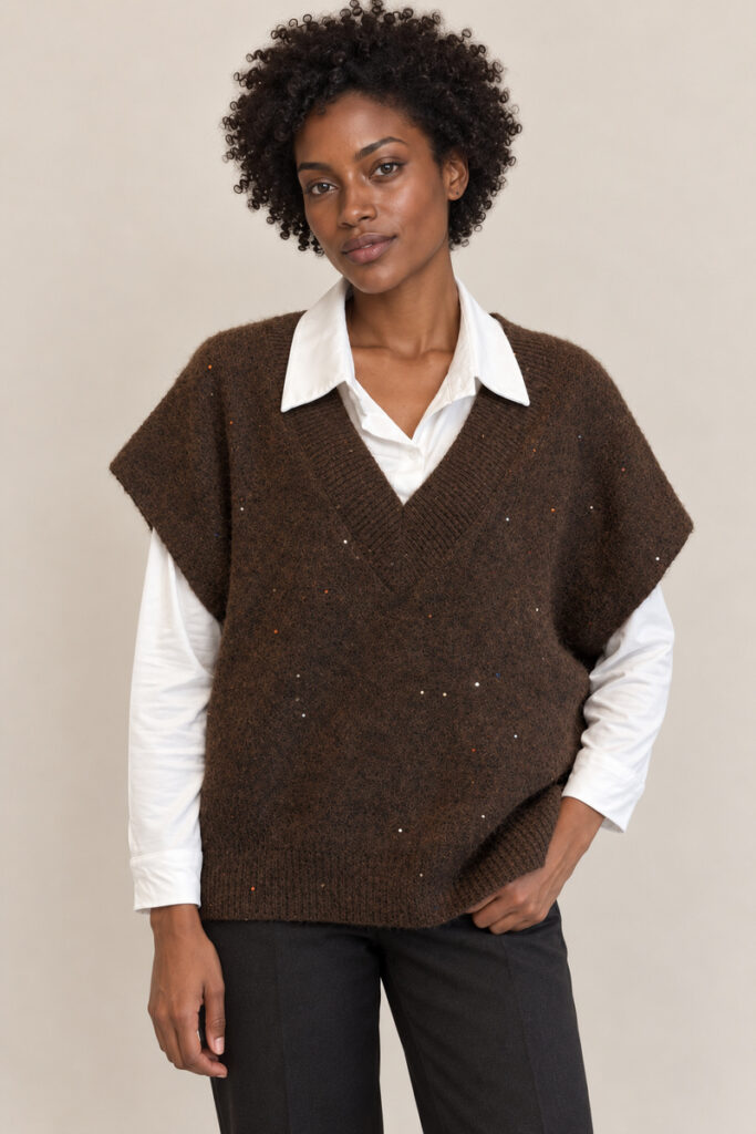 GILET OVER LUREX MARRONE