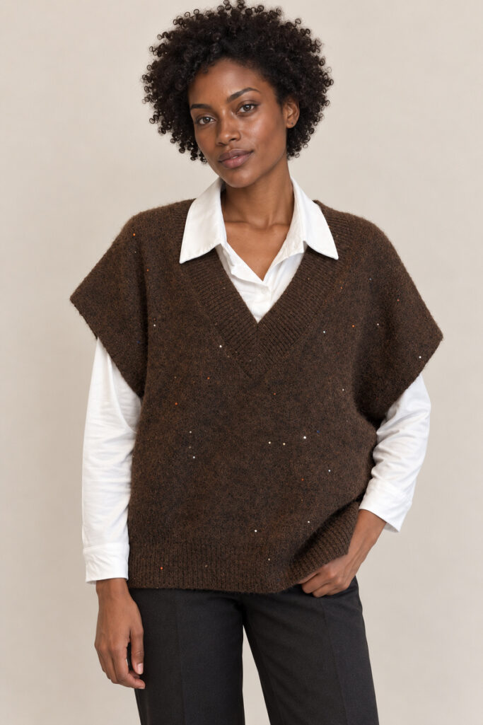 GILET OVER LUREX MARRONE