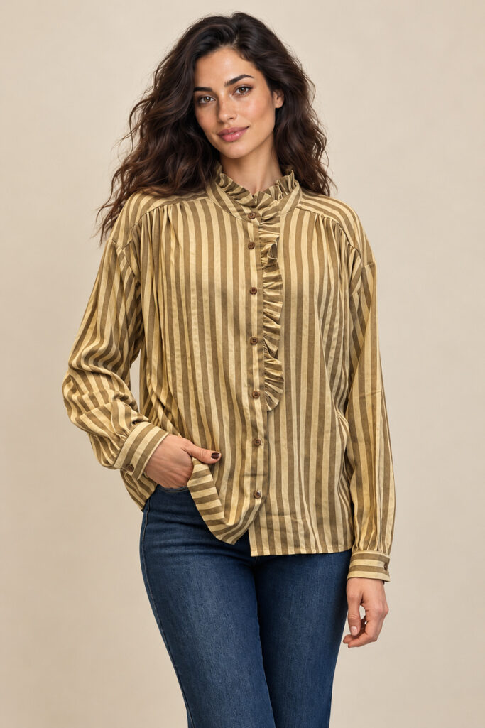 CAMICIA ROUCHES COLLO RIGHE MARRONE