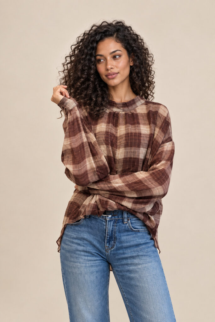 CAMICIA ASIMMETRICA QUADRI LUREX MARRONE
