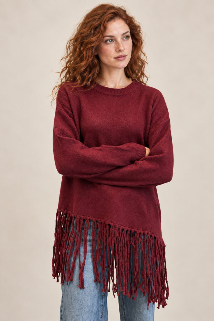 MAGLIONE FRANGE BORDEAUX