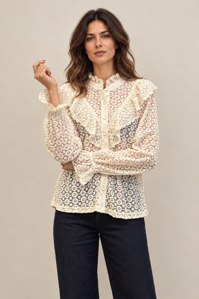 CAMICIA ROUCHES COLLO PIZZO AVORIO