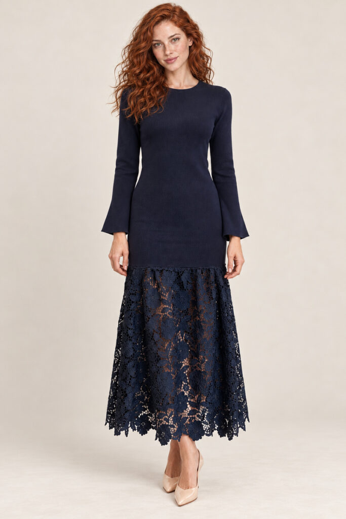 abito lungo balza macramè NAVY