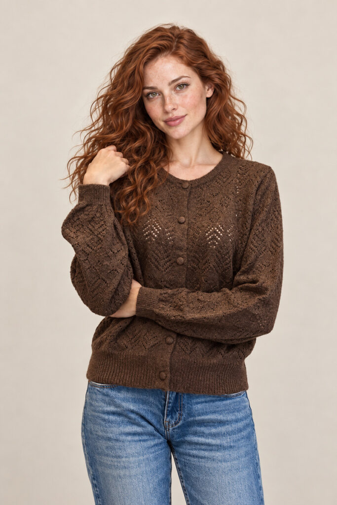 CARDIGAN TRAFORATO GIROCOLLO MARRONE