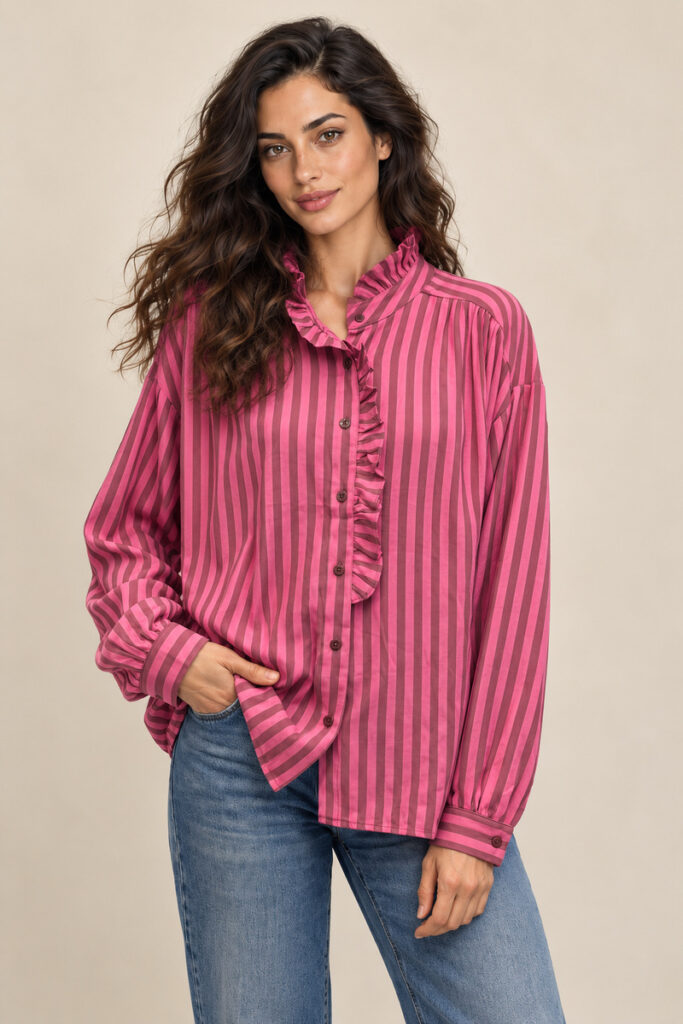 CAMICIA ROUCHES COLLO RIGHE FUCSIA MARRO
