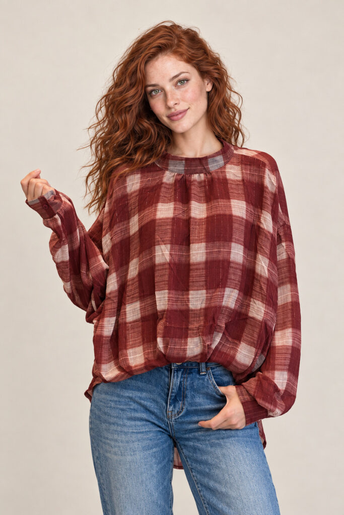 CAMICIA ASIMMETRICA QUADRI LUREX BORDEAUX