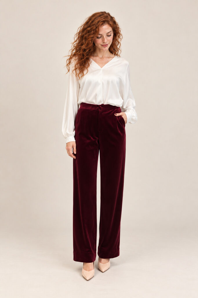 PANTALONE PALAZZO CLASSICO IN VELLUTO BORDEAUX