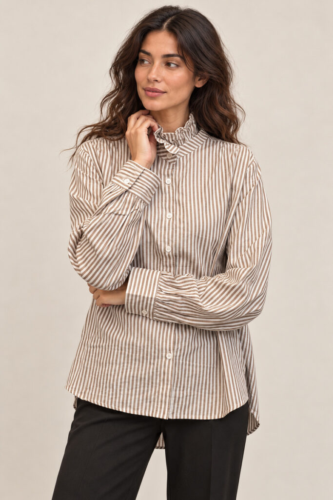 CAMICIA RIGHE COLLO ROUCHES MARRONE