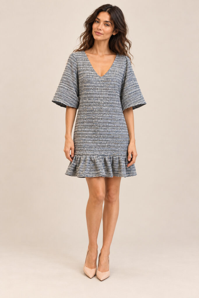 ABITO JACQUARD SCOLLO V ORLO VOLANT CELESTE