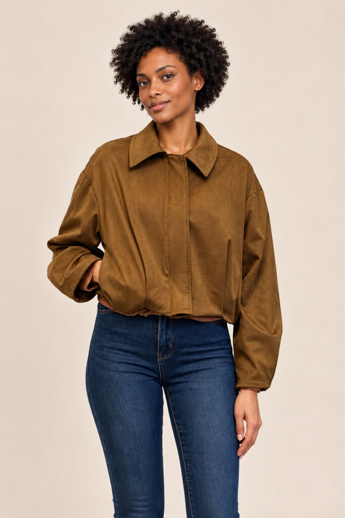 BOMBER CROPPED EFFETTO CAMOSCIO MARRONE