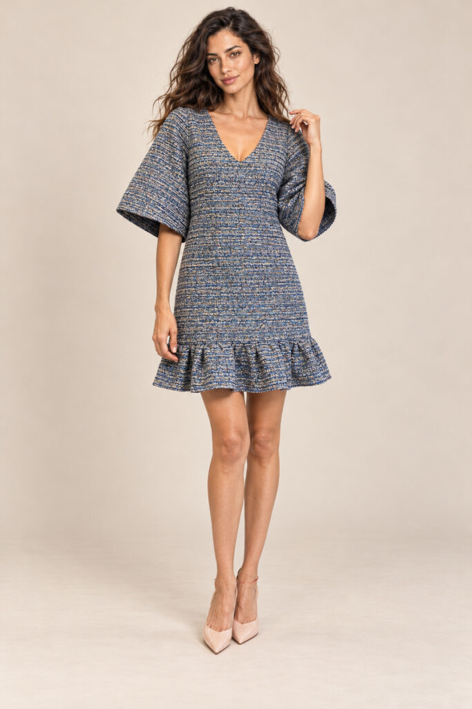ABITO JACQUARD SCOLLO V ORLO VOLANT AZZURRO